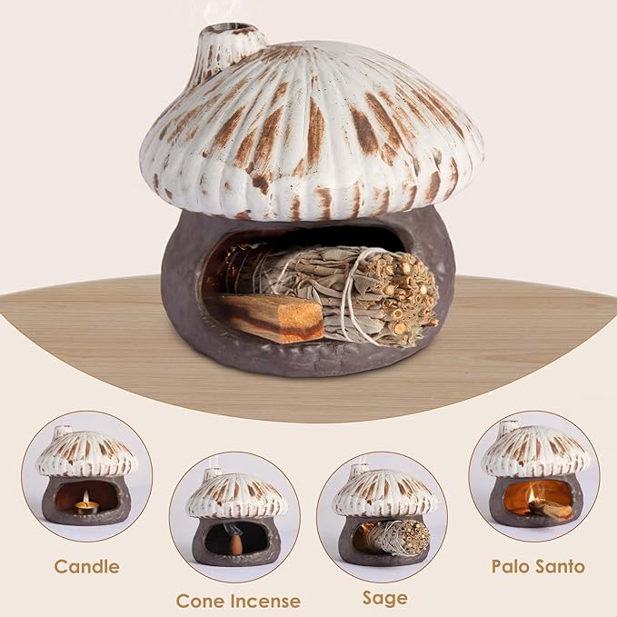 Palo Santo Holder Mushroom Shape, Ceramic Sage Holder for Burning Palo Santo Burner for Meditation, Yoga and Relaxation(Brown)