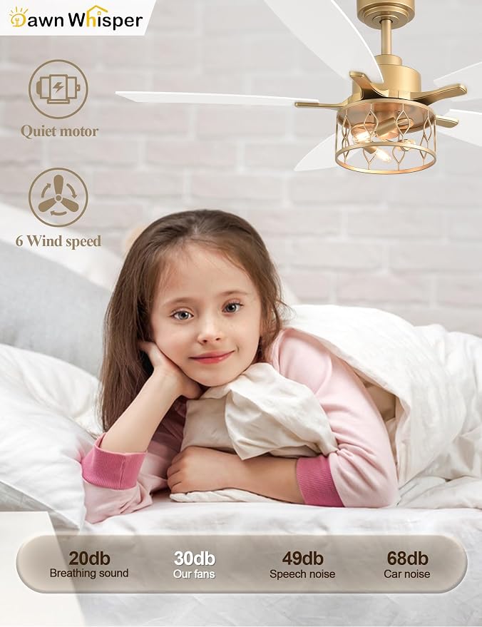 Dawn Whisper 52 Inch Modern Farmhouse Ceiling Fans with Lights White and Gold Rustic Caged Ceiling Fan for Bedroom Living Room Quiet and Reversible DC Motor
