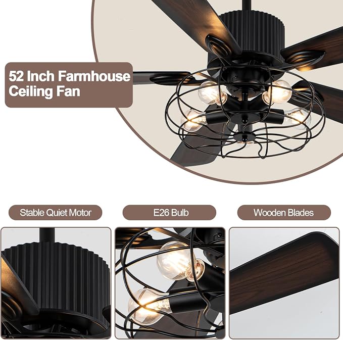 52" Industrial Farmhouse Ceiling Fan with Lights and Remote, Black Vintage Caged Fandelier Ceiling Fan with 5 Reversible Wooden Blades for Dining Room Living Room Bedroom