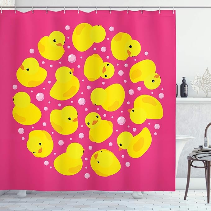 Ambesonne Rubber Duck Shower Curtain, Fun Duckies Circle Pattern Bath Bubbles Animal Print, Cloth Fabric Bathroom Decor Set with Hooks, 69" W x 70" L, Yellow Pink