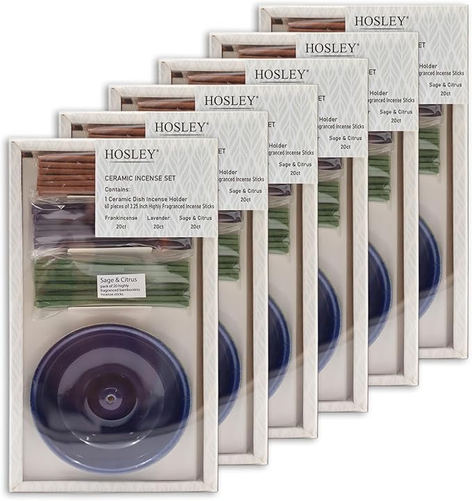 Hosley Incense Gift Set 6-Pack - Includes 60 Incense Sticks & Ceramic Holder - Ideal Bathroom Set for Meditation, Spa, or Relaxing Atmosphere
