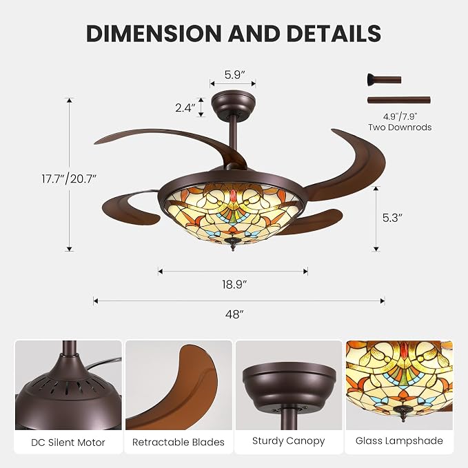 48inch Retractable Ceiling Fan Tiffany Style Chandelier Light Fixtures Ceiling with Remote & Dimmable, 6-Speed, Reversible Vintage Fandelier for Bedroom Living Room Dining Room Kitchen