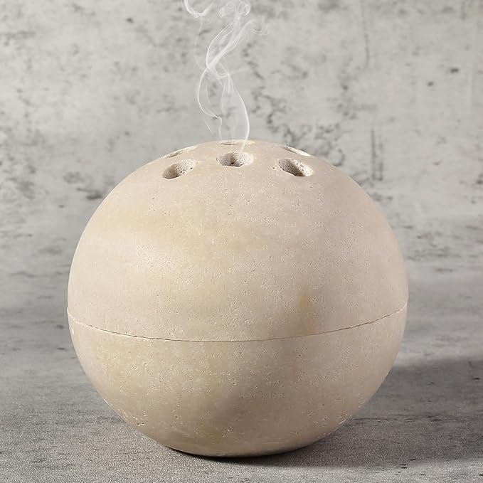 Natural Travertine Incense Burner – 4” Handmade Stone Incense Cone Holder, Minimalist Sphere Incense Burner for Home Decor, Meditation, Yoga, Spa, Relaxation (Beige)