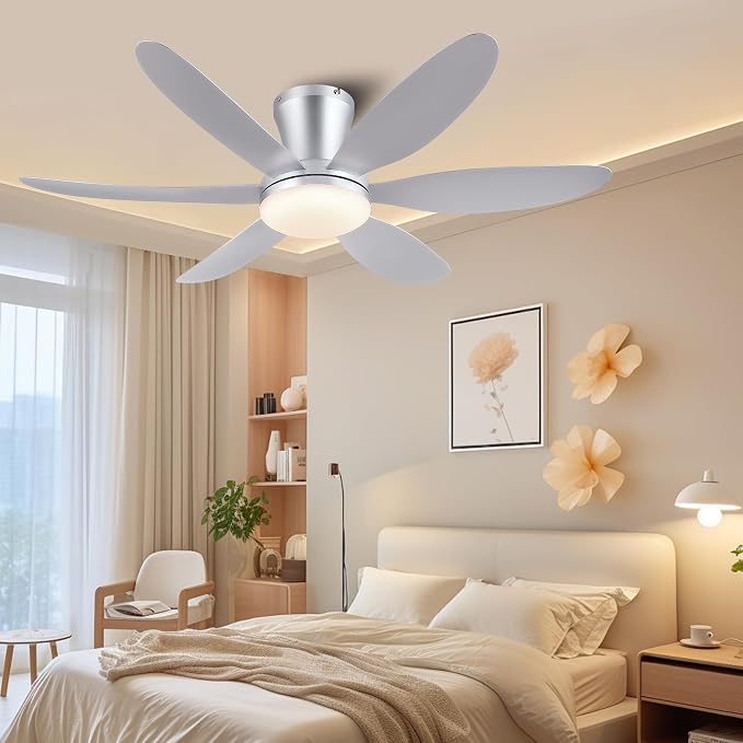GJeg Ceiling Fans with Lights,42" Low Profile Ceiling Fan with Light and Remote Control,Flush Mount, Reversible, Dimmable, Noiseless, Silver Ceiling Fan for Bedroom