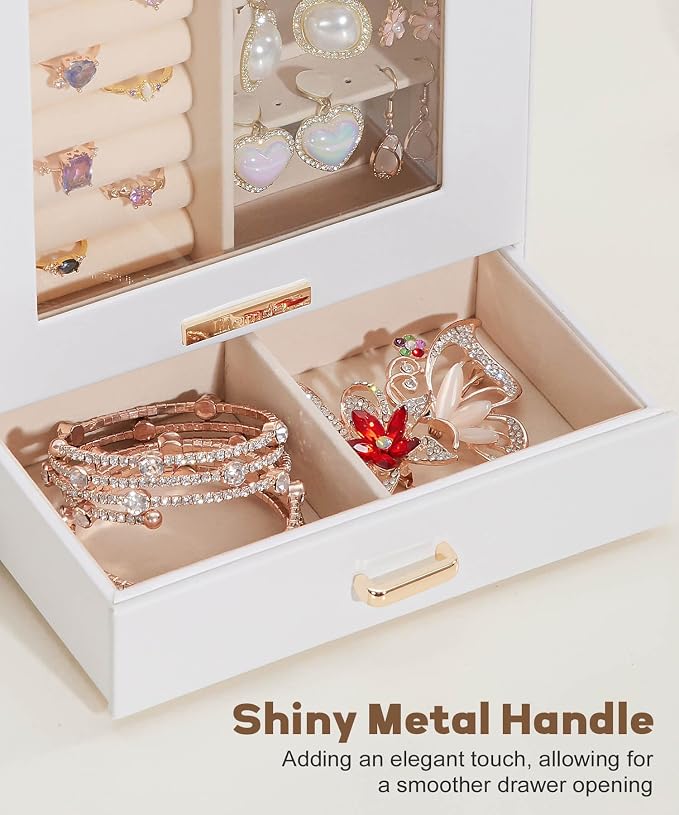 Homde Display Jewelry Box for Girls: Starter Organizer with Clear Window | Vertical Drawers for Earrings Rings Necklaces - Compact Footprint Fits Small Vanities - Birthday&Graduation Gift for Teens