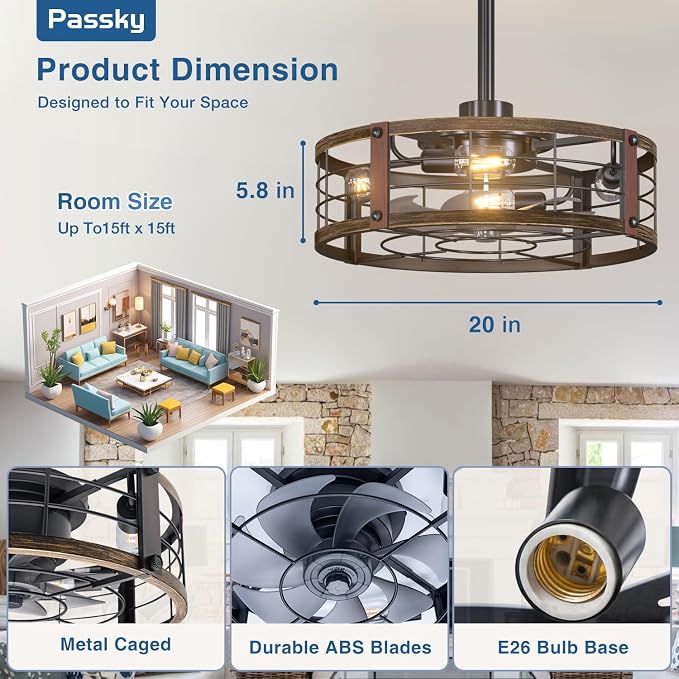 Passky 20 Inch Farmhouse Caged Ceiling Fans with Lights and Remote, Black Downrod Mount Bladeless Fandelier, 6 Speeds Bladeless Ceiling Fan Light for Bedroom, Kitchen, Living Room, Indoor