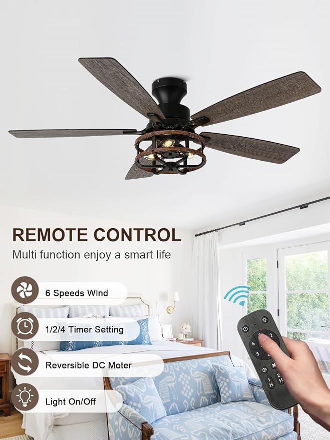 52" Farmhouse Rustic Ceiling Fan with Lights Remote Flush Mount | Rustic Caged Fandelier Low Profile Chandelier, for Bedroom Living Room, 5 Dual Blades Quiet Reversible DC Motor 6 Speeds