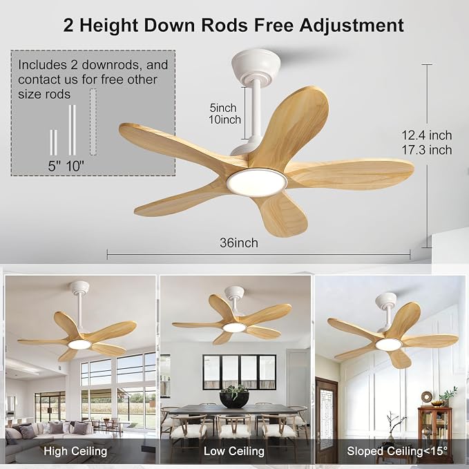 36 Inch White Ceiling Fans with Lights and Remote Control, 5 Blade Natural Wood Ceiling Fan with Light, Modern Indoor Outdoor Ceiling Fan for Porch Kitchen, Dimmable, Reversible, Memory Function