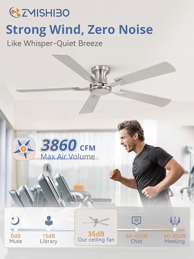 ZMISHIBO 52 Inch Ceiling Fan No Light, Flush Mount Low Profile, Modern Nickel Ceiling Fan Without Light, Remote Control & Quiet DC Motor, for Indoor&Outdoor, Bedroom, Living Room