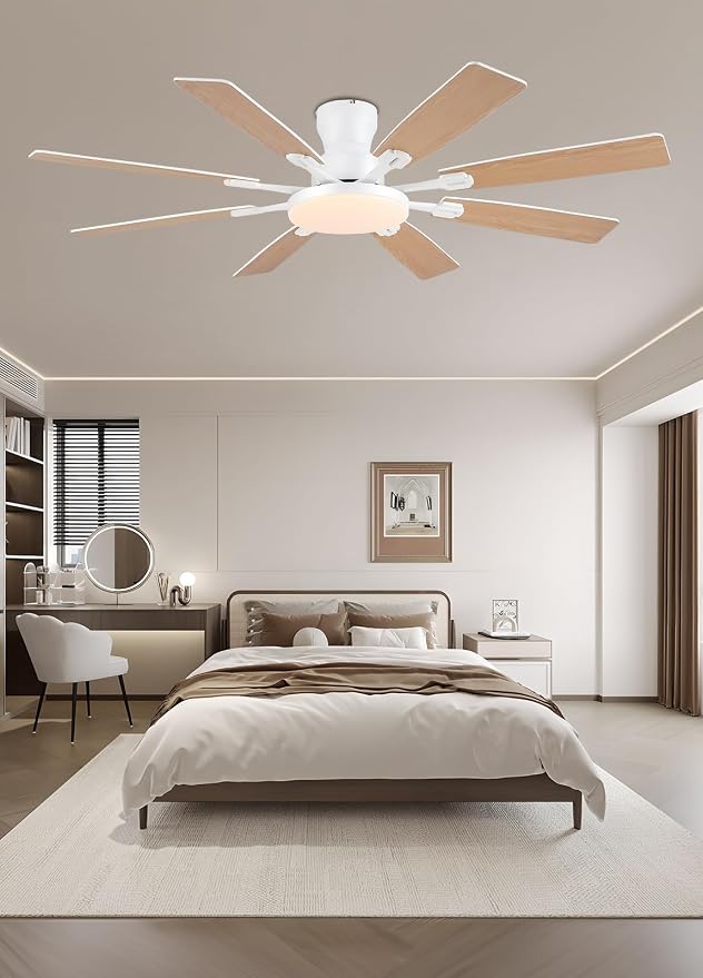 JSAITEE 60Inch Ceiling Fan with Lights Low Profile Flush Mount Woodgrain | Ceiling Fans,DC Reversible Motor Noiseless, 3CCT Dimmable, Dual Finish, 6 Speeds Ceiling Fan for Indoor/Outdoor