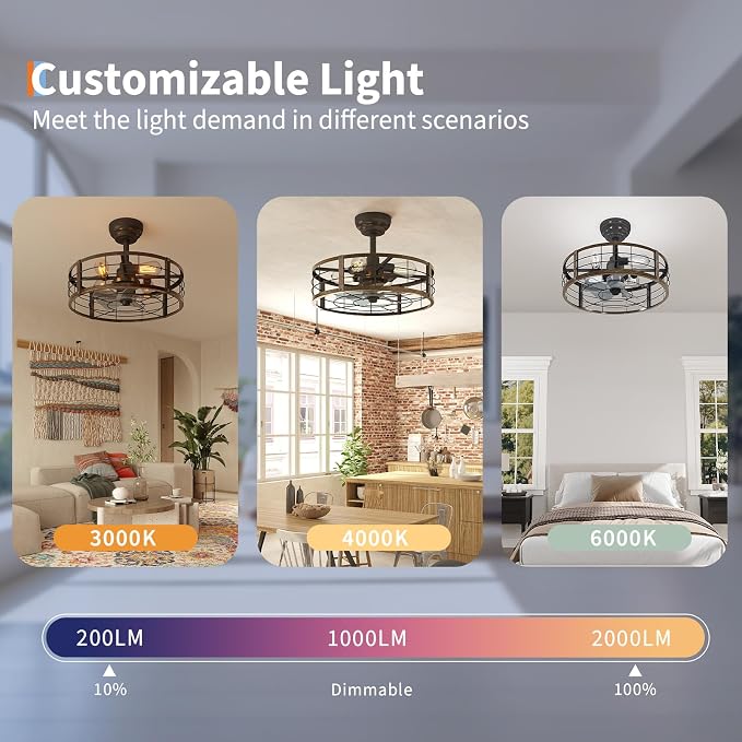 GarveeHome Caged Ceiling Fan 20in with Light, Flush Mount Fan Light Fixture | Metal Cage Flush Mount Ceiling Fan with Light, Remote Control Farmhouse Fan Light for Bedroom