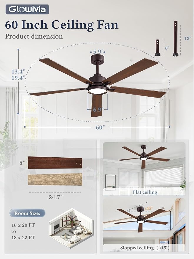 60 Inch Ceiling Fan with Lights and Remote, Smart APP Control, Dimmable with All-Setting Memory, Quiet DC Motor Reversible Blades, Damp Rated Modern Ceiling Fan for Bedroom Patio Living Room