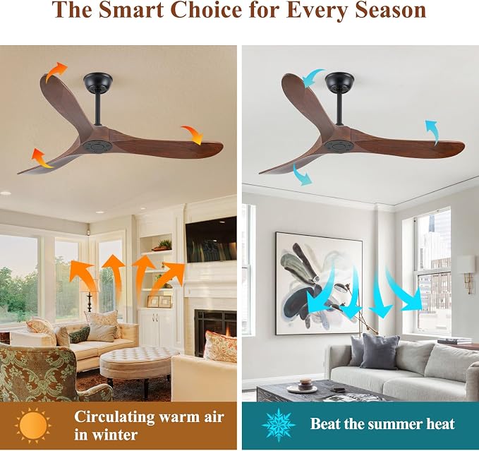 Walnut Wood 52" Ceiling Fan, No Light, 6-Speed, Reversible 3 Blades, Timed Shutdown, Silent DC Motor, for Bedroom, Porch and Living Room
