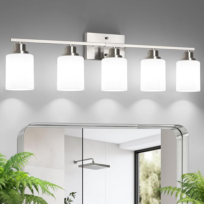Ascher Bathroom Light Fixtures, 5-Light Vanity Light Over Mirror, Brushed Nickel Wall Sconces with Milky White Frosted Glass Shades, Wall Lamp for Living Room Bedroom, E26 Base(Bulbs Not Included)