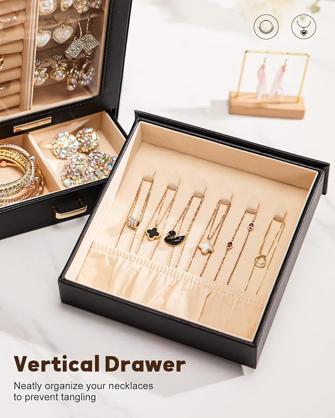 Homde Display Jewelry Box for Girls: Starter Organizer with Clear Window | Vertical Drawers for Earrings Rings Necklaces - Compact Footprint Fits Small Vanities - Birthday&Graduation Gift for Teens