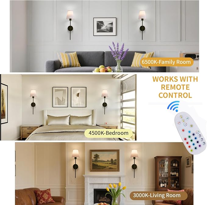 Wall sconces Set of Two Battery Operated – Rechargeable Wireless Wall Lights with Remote, 15 Colors & Dimmable Detachable Bulbs, Black Wall Lamps for Bedroom, Living Room, Hallway, and Home Decor
