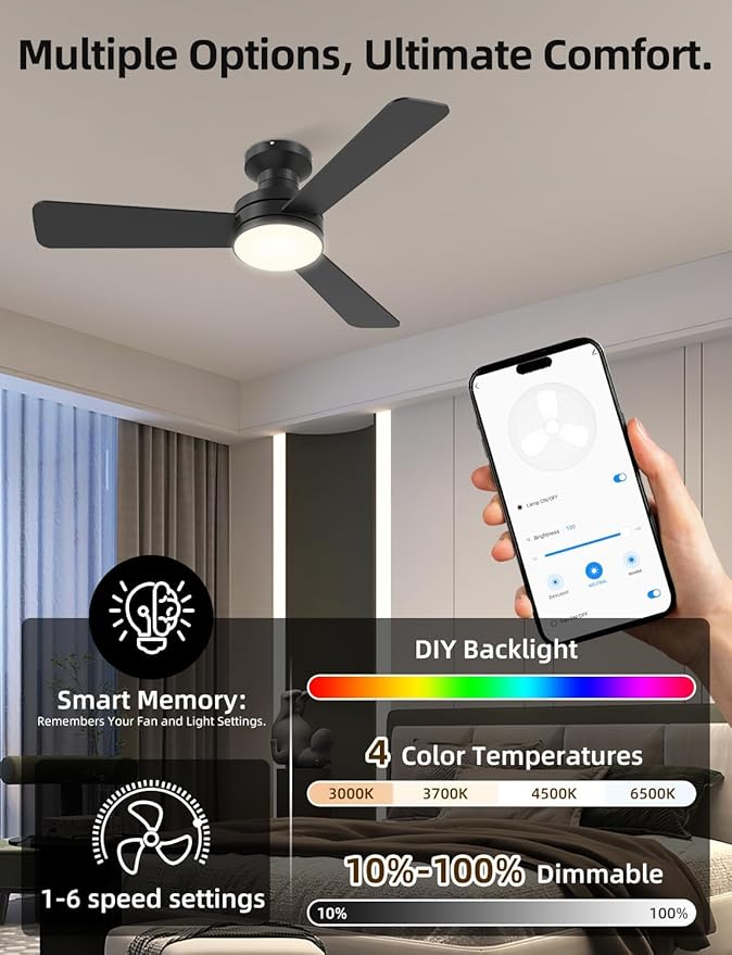 42" RGB Ceiling Fan with Light, Smart Fan Works with Alexa/Google Assistant/App, Flush Mount Ceiling Fan Light Music Sync, 6-Speed Quiet DC Motor, 4 CCT Dimmable Lighting for Living Room, Black