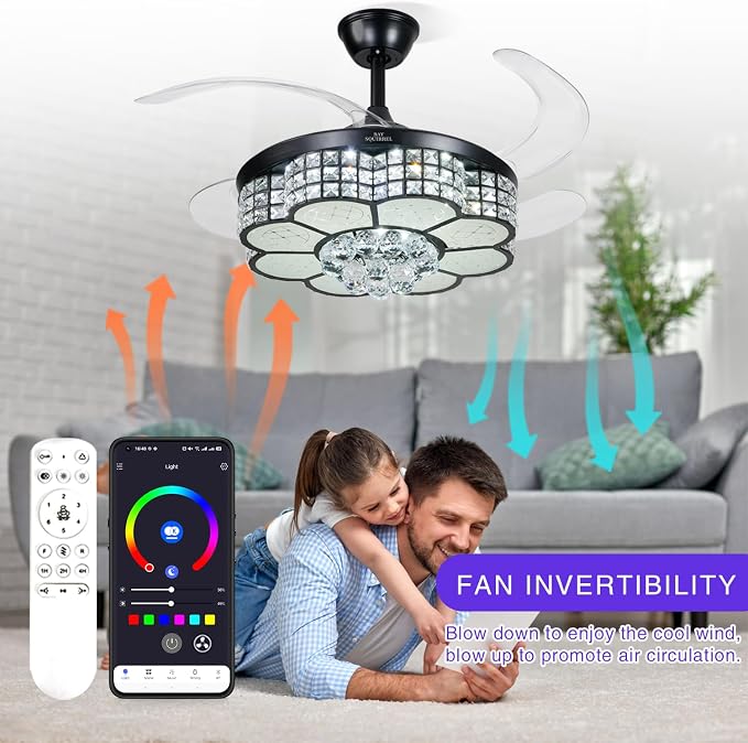 BAYSQUIRREL Retractable Crystal Ceiling Fan with Light, Bluetooth Ceiling Fans with Speaker and Remote/APP Control, 6 Speeds Reversible Blades, RGB-LED Dimmable Chandelier Ceiling Fan