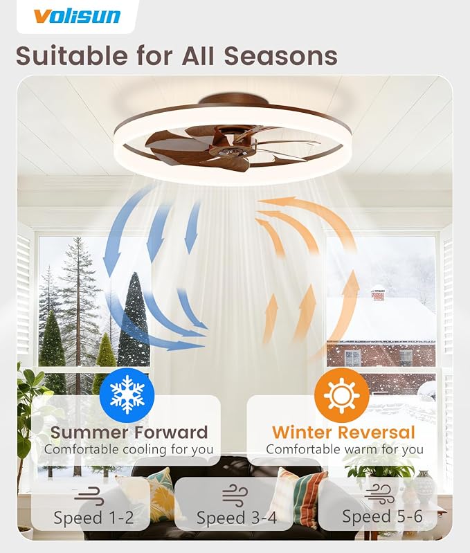 VOLISUN Low Profile Ceiling Fans with Lights and Remote, 24in Fandelier Ceiling Fan Flush Mount, 3000K-6500K Smart Bladeless LED Fan Light, Farmhouse Ceiling Fans with Lights for Bedroom(Wood)