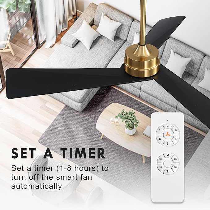 WINGBO 52" DC Ceiling Fan without Lights, Brass and Black Ceiling Fan with Remote, 3 ABS Plastic Blades, 6 Speed Reversible DC Motor, Ceiling Fans No Light for Kitchen Bedroom Living Room