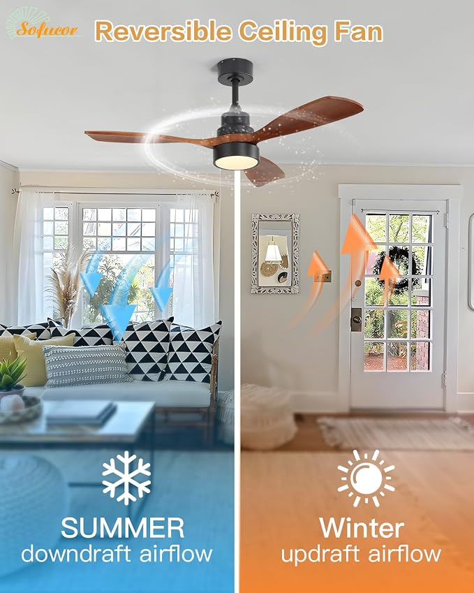 Sofucor 48 Inch Ceiling Fans with Lights and Remote Control-Modern Flush Mount & Downrod Mount Ceiling Fan for Bedroom Living Room Indoor Outdoor Farmhouse Patio, Timer Quiet DC Motor, Black&Walnut