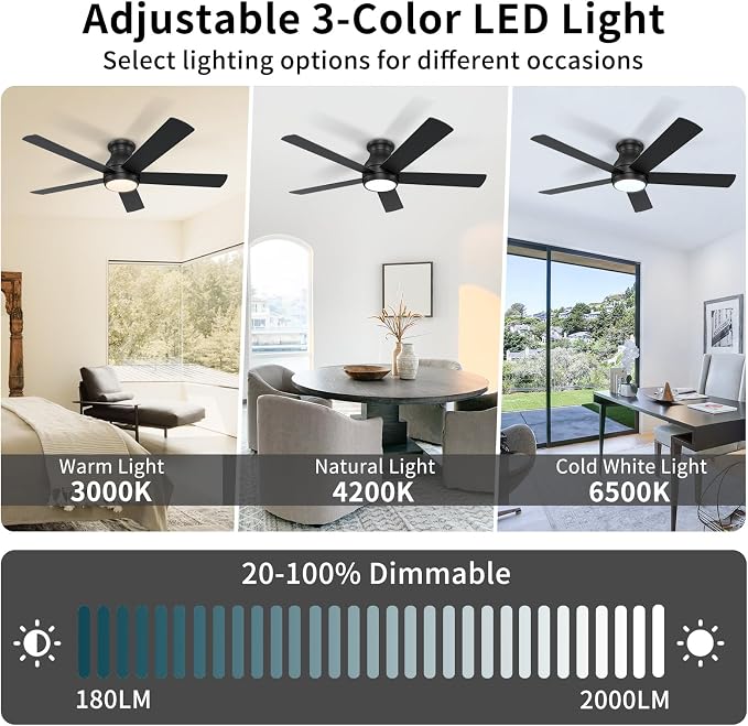 POCHFAN 52 Inch Black Ceiling Fans with Lights and Remote, LED Low Profile Flush Mount Ceiling Fan for Bedroom, Living Room, with Quiet DC Motor, Dimmable 6 Speeds