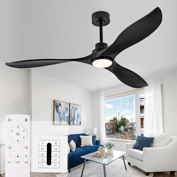 60" Solid Wood Ceiling Fans with Lights and Remote, 3 Blade Black Ceiling Fans with Wall Control, 6 Speed, Dimmable, Quiet DC Motor for Outdoor Bedroom Living Room