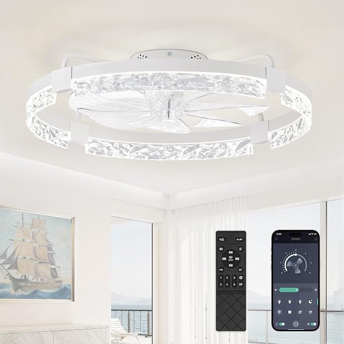 LEDIARY 24 Inch Low Profile Ceiling Fans with Lights and Remote, Flush Mount Fandelier Ceiling Fan, 3000K-6000K Dimmable LED Fan Light, White Modern Ceiling Fans with Lights for Bedroom