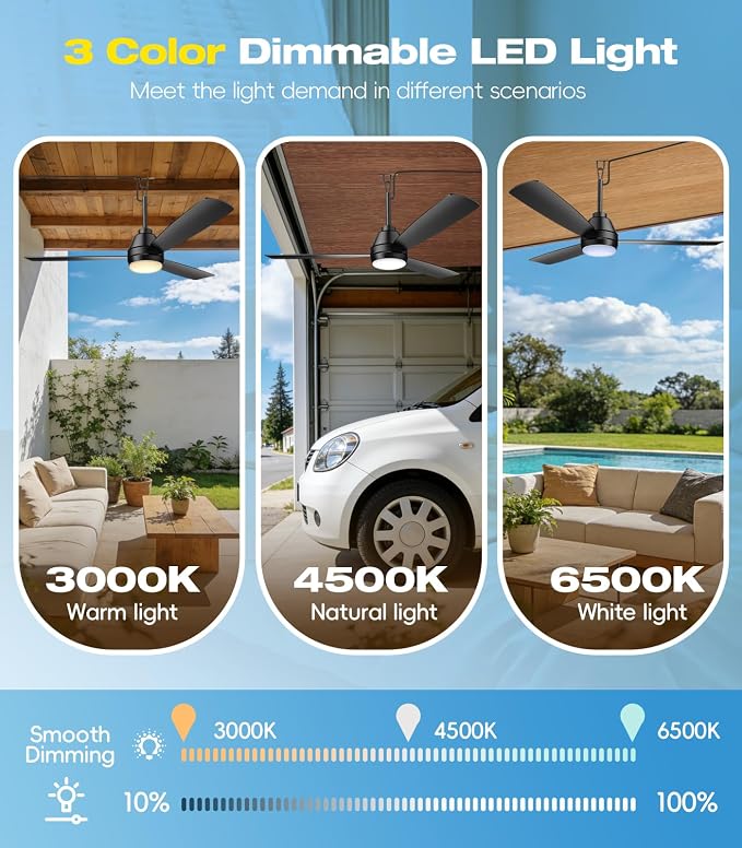 52 inch plug-in ceiling fan light with 16.5ft cord,Gazebo fan light dimmable 3CCT LED,Reversible,Portable Hook Design for bedroom garage tent porch kitchen patio.