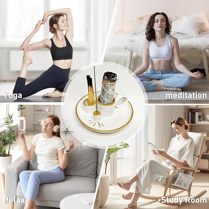 Multi-Purpose Ceramic Incense Burner and Holder Set with Handle, with Ash Catcher Tray and Candle Holder for Meditation and Yoga Room (Gold)