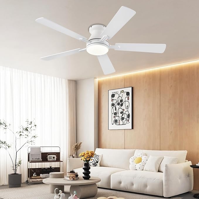 Ayaoty 54 inch Ceiling Fans with Lights and Remote, Low Profile Ceiling Fan with Light, Flush Mount, Reversible, 3CCT, Dimmable, Noiseless, White Ceiling Fan for Bedroom, Indoor/Outdoor Use