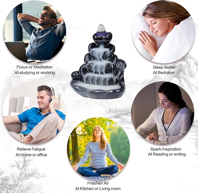 Ceramic Waterfall Incense Burner, Backflow Incense Holder, Incense Cone Burner for Yoga Meditation and Home Decor (Lotus Leaf)