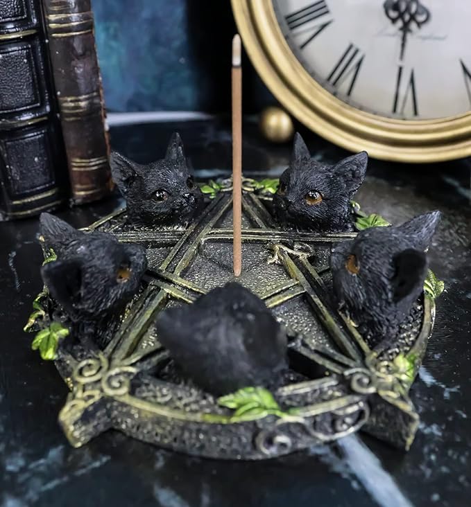 Ebros Gift Gothic Wiccan Pentagram Ivy Vines Penta 5 Black Cats Witching Hour Incense Stick Burner and Holder Figurine with Celtic Knotwork Details As Home Fragrance Accessory Wicca Accent