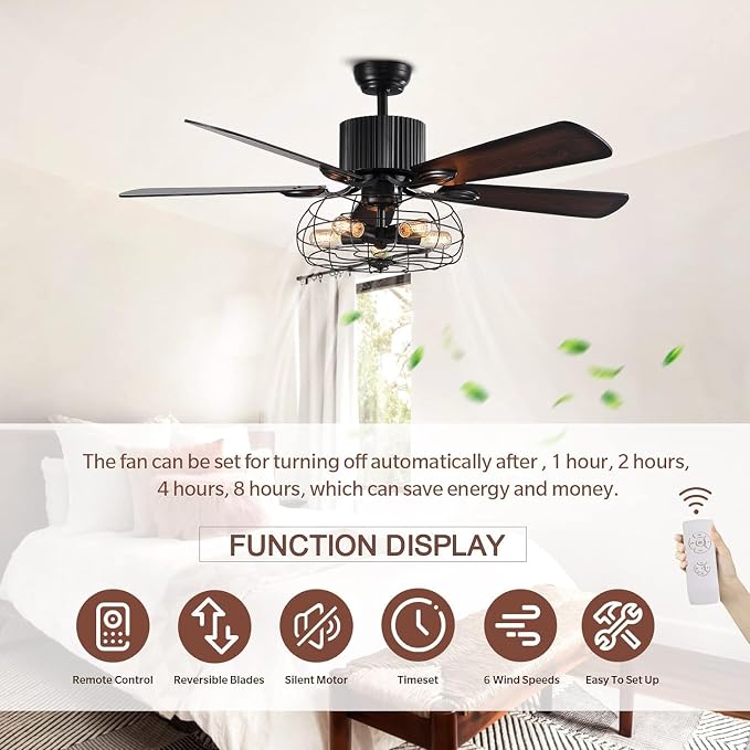 Industrial Caged Ceiling Fan Light with Remote Control 52 Inch Vintage Ceiling Fan Light Farmhouse Black Retro Indoor Fandelier with 5 Reversible Wood Blades for Living Room Bedroom