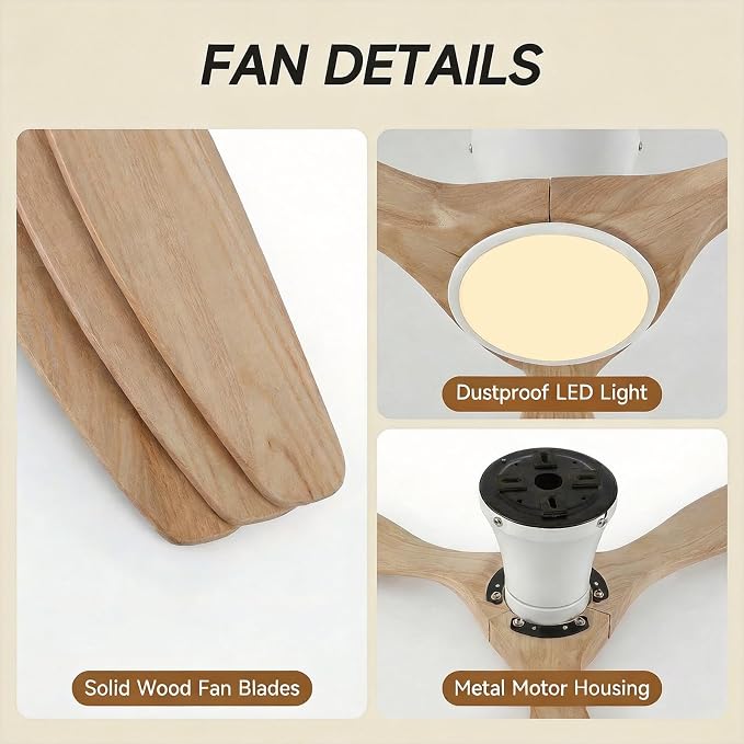 Skylike 52" Flush Mount Wood Ceiling Fan with Lights, 3 Blade Low Profile Rustic Ceiling Fan with Remote Control,Quiet Indoor/Outdoor Light Walnut Ceiling Fan for Patio,Porch, Gazebo, Bedroom