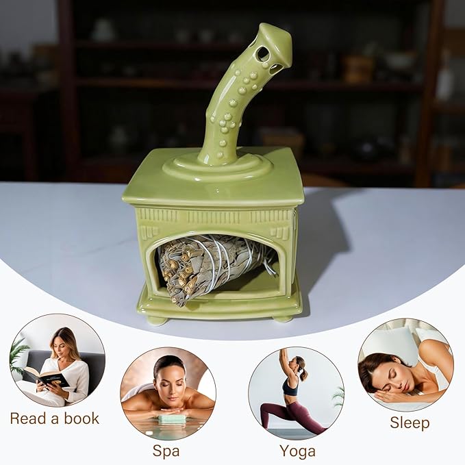 MOUGIGI Light Green Handmade Ceramic Palo Santo Holder for Yoga, Meditation & Energy Cleansing - Versatile Dish for Wood Sticks, Sage Ash Catcher & Cone Burner - Unique Gift for Meditation Enthusiasts