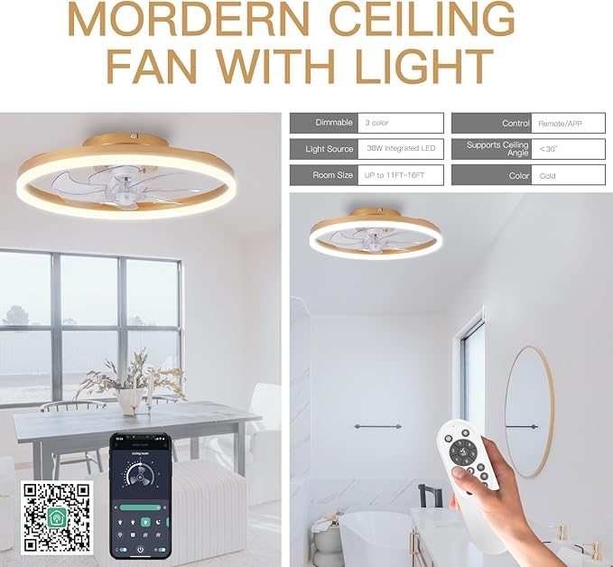 STERREN Modern Gold Ceiling Fans with Lights,20" Dimmable Flush Mount Low Profile Ceiling Fans with Remote Control,Indoor Smart Ceiling Fan with Light for Bedroom