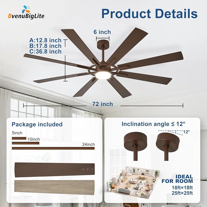 Large Ceiling Fans with Lights: Modern 72 Inch 8 Blade Outdoor Ceiling Fan with Remote APP Control - Dimmable Brown Big Fan light Indoor Reversible 6 Speed Quiet DC Motor