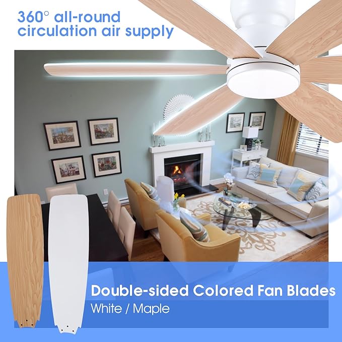 Kviflon 46 inch Ceiling Fans with Lights and Remote/APP Control, Low Profile Ceiling Fan with Light, Flush Mount, 3CCT, 6 Reversible Blades 6 Speeds Modern Ceiling Fan for Bedroom Living Room, White