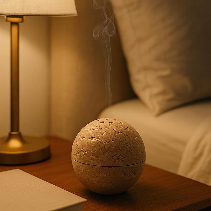Natural Stone Sphere Incense Holder: 4" D Hand-Carved Aromatherapy Burner for Yoga, Meditation & Relaxation, Elegant Multi-Hole Design, Beige Travertine