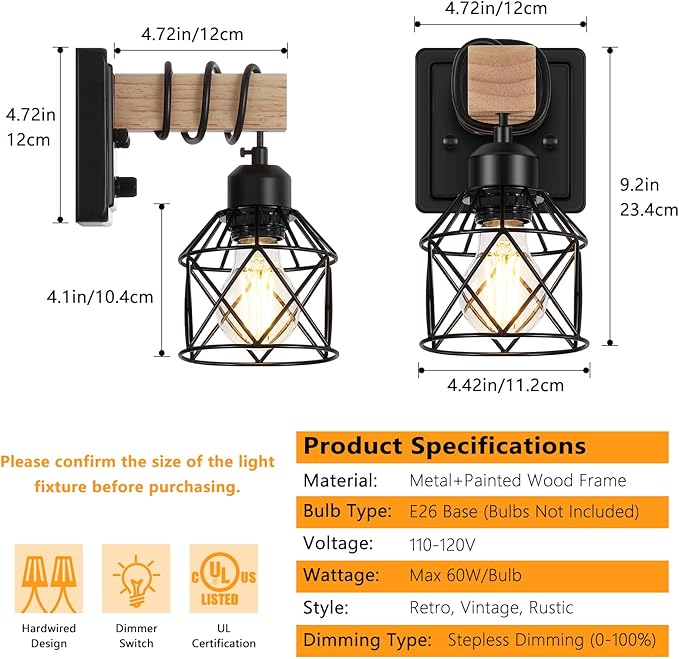 FadimiKoo Farmhouse Wall Sconces 4 Pack, Bedside Wall Lamps with Dimmer ON/Off Switch, Black Wall Light Fixtures with Metal Cage, Rustic Wooden Sconces Wall Lighting for Living Room, Hallway, Bathroom