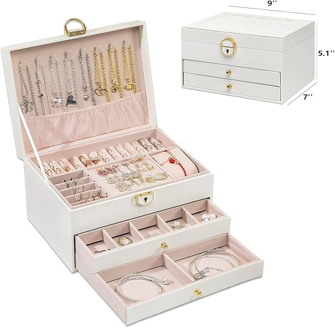 GUOER Jewelry Box for Women Girls, 3 Layers Large Jewelry Organizer (White) | Vintage Quilting Stitching PU Leather, Earrings Bracelets Rings Necklace Watches Storage Large Jewellery Holder Case Gifts