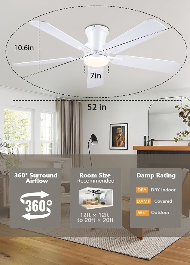 JSAITEE 52" Flush Mount Ceiling Fans with Lights Low Profile White | Modern Fans DC Reversible Motor, 3CCT Dimmable, 6 Speeds Fan Light for Indoor Bedroom, Kitchen, White