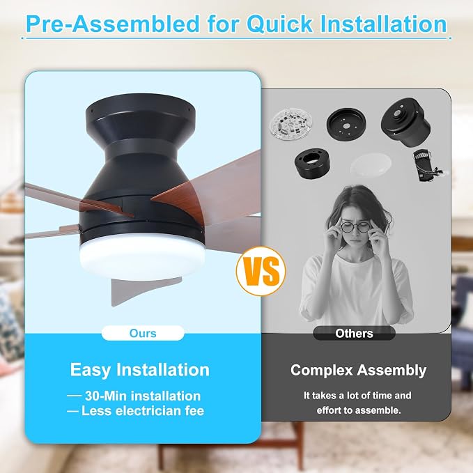 Depuley Modern Ceiling Fan with Light: 25-Inch Black Small Fans for Bedroom Indoor Outdoor - Dimmable Low Profile Ceiling Fans with Remote Control Flush Mount 5 Reversible Walnut Blades 6 Speeds Timer