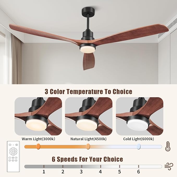 Ceiling Fans with Lights and Remote, 72 Inch Outdoor Ceiling Fan with Light, 3 Downrods, ETL Listed, 3 Blades and 6 Speed Large Ceiling Fans Quiet DC Motor for Patio Farmhouse, 72in,Walnut