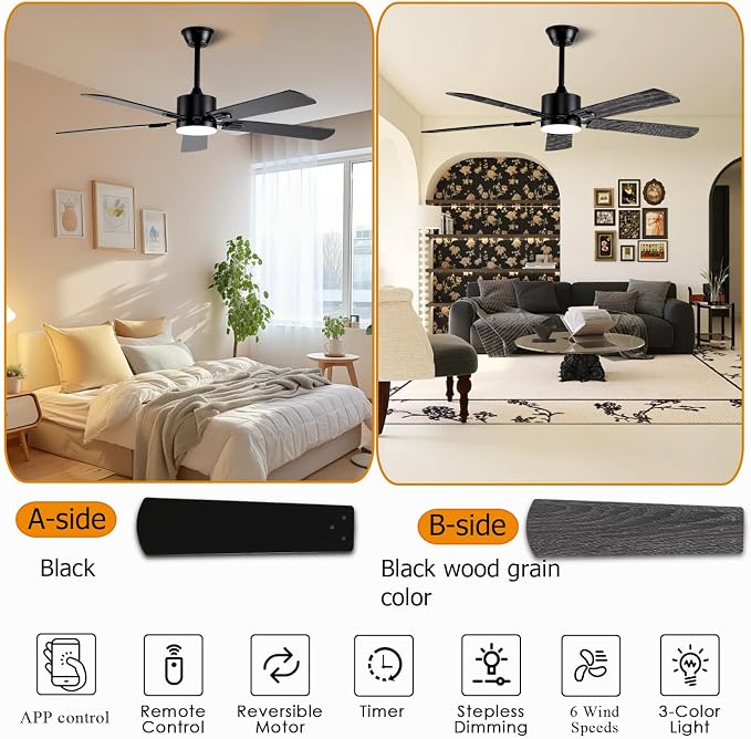 FUMLTP 56 inch Black Ceiling Fans with Lights and Remote/App Control, DC Reversible Motor, Noiseless, Dimmable, 6 Speeds Low Profile Modern Ceiling Fan for Livingroom, Indoor/Outdoor Use