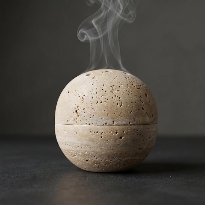 Travertine Stone Home Decor Incense Holder, Incense Cone Holder with Brass Stand Base,Handmade Incense Stick Holder for Meditation Yoga Relaxation