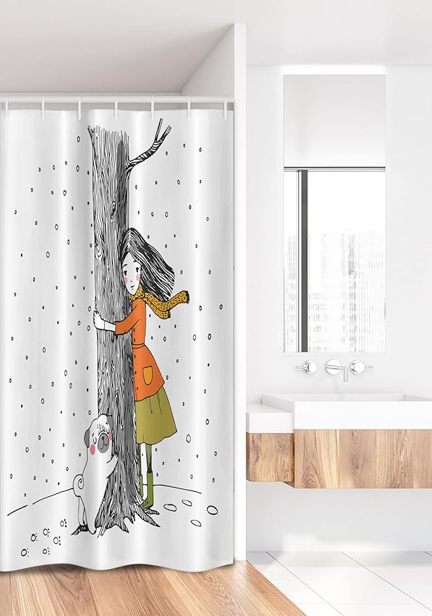 Ambesonne Dog Stall Shower Curtain, Young Girlnd Pug Dog Holding Tree in The Snowy Weather Illustration, Fabric Bathroom Decor Set with Hooks, 36" W x 72" L, White Black
