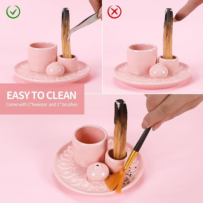 Palo Santo Sticks Holder, Multi-Purpose Handmade Ceramic Incense Burner for Palo Santo Incense Sticks, Sage Holder for Burning, Ash Catcher Tray for Meditation Yoga Room (Pink)