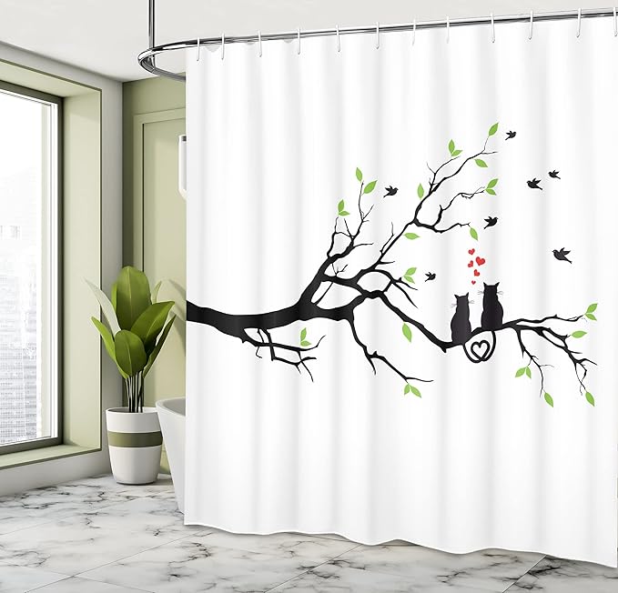 Ambesonne Cat Lover Shower Curtain, Cats in Love on Tree Branch with Flying Birds Nature Romance Illustration, Cloth Fabric Bathroom Decor Set with Hooks, 69" W x 84" L, Lime Green